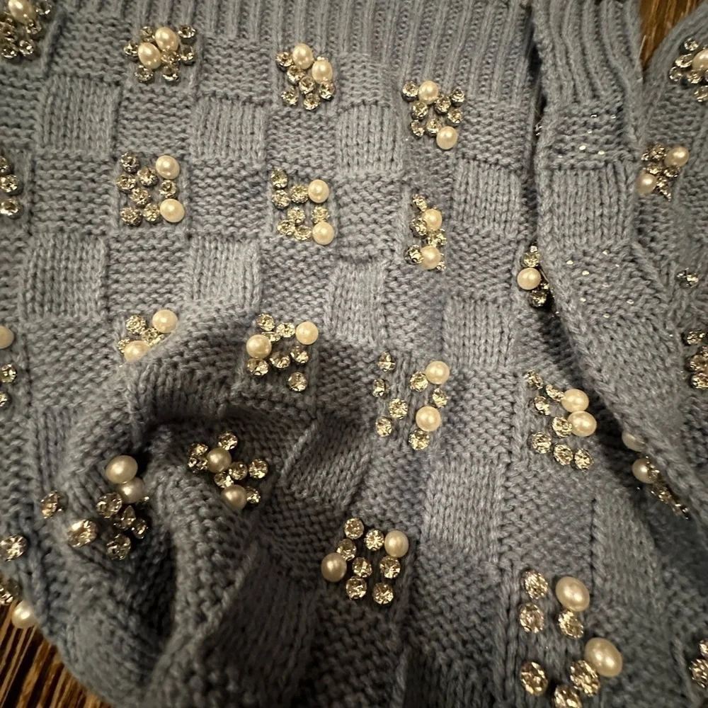 FREE PEOPLE RHINESTONE AND PEARL BLUE Knit Scarf with Embellishments